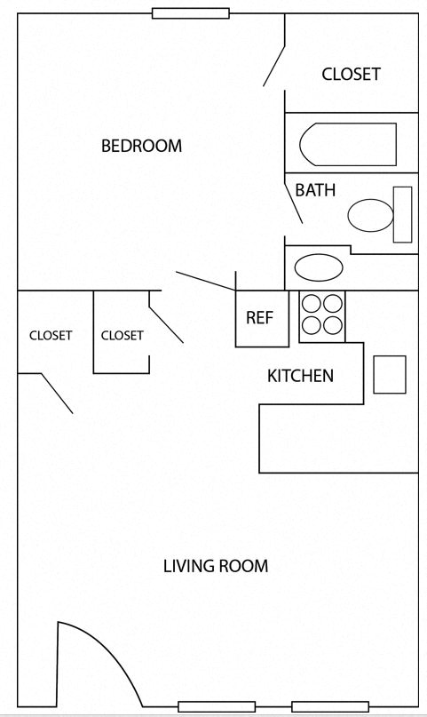 Floor plan for 1 bed, 1 bath, 575 sqft